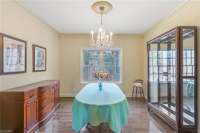 dining room with an inviting chandelier, wood finished floors, and ornamental molding