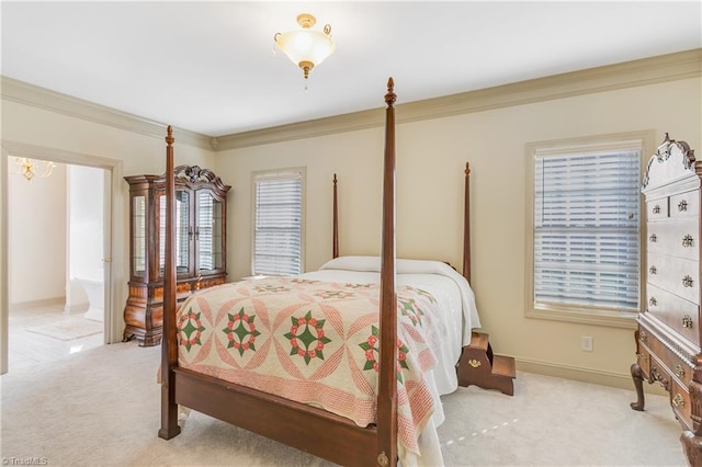 bedroom featuring multiple windows, crown molding, baseboards, and carpet floors