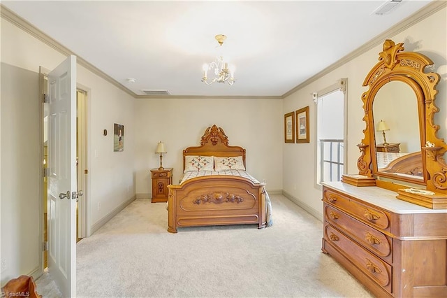 bedroom featuring visible vents, light colored carpet, a chandelier, and ornamental molding