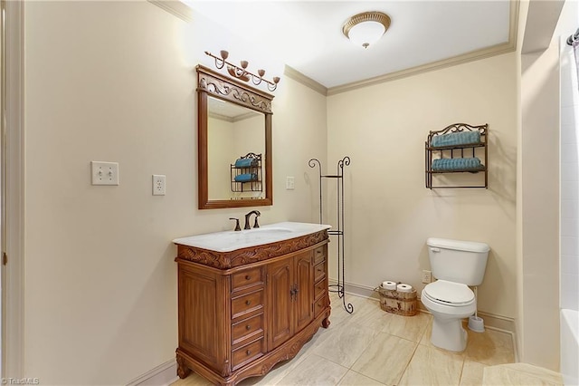 full bath with vanity, crown molding, toilet, and baseboards