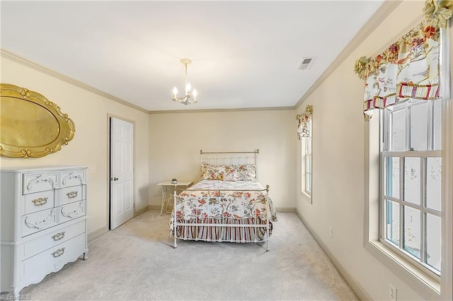 carpeted bedroom with visible vents, baseboards, crown molding, and an inviting chandelier