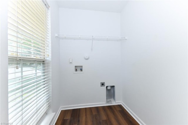 320 Apple Ridge Rd, Greensboro, NC 27406 - laundry room with electric dryer hookup, hookup for a washing machine, dark wood finished floors, and baseboards