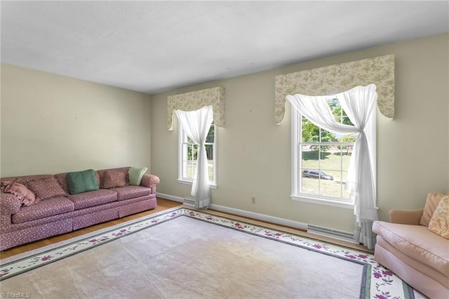 living area with baseboards and wood finished floors
