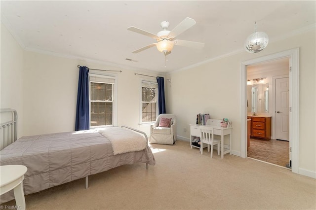 bedroom featuring baseboards, ceiling fan, carpet flooring, and crown molding