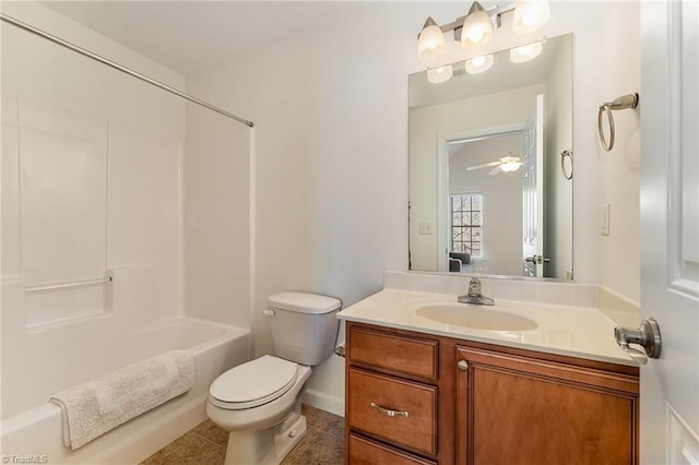 bathroom featuring ceiling fan, toilet, vanity, shower / washtub combination, and tile patterned floors