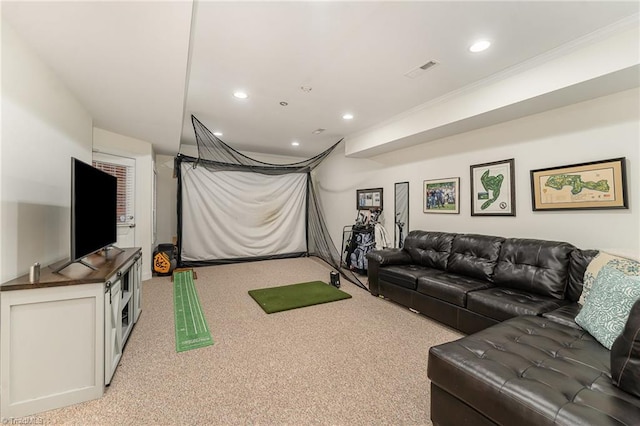 carpeted living area featuring golf simulator, crown molding, and recessed lighting