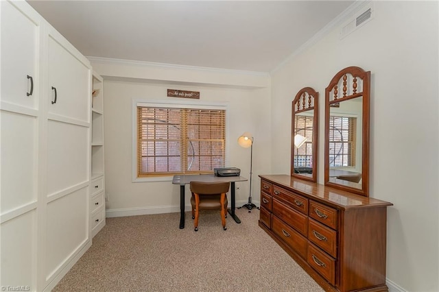 office area featuring light carpet, baseboards, visible vents, and crown molding