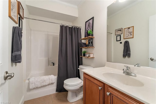 full bath with crown molding, toilet, shower / bath combo, vanity, and tile patterned floors