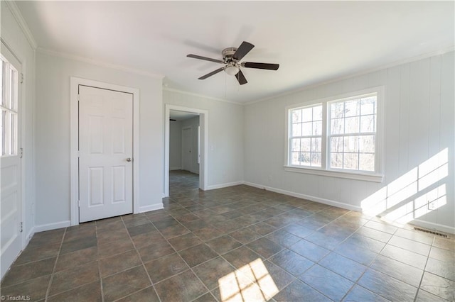 1473 Briarcliff Dr, Asheboro, NC 27205 - empty room featuring visible vents, baseboards, crown molding, and a ceiling fan
