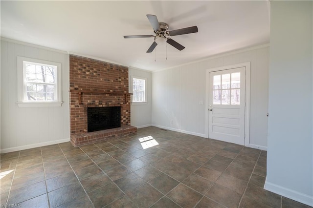 1473 Briarcliff Dr, Asheboro, NC 27205 - unfurnished living room with a brick fireplace, ornamental molding, and ceiling fan