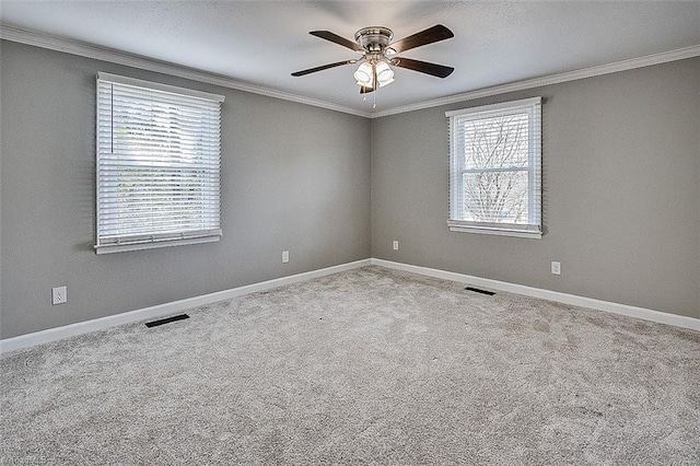 empty room featuring ornamental molding, ceiling fan, and carpet flooring