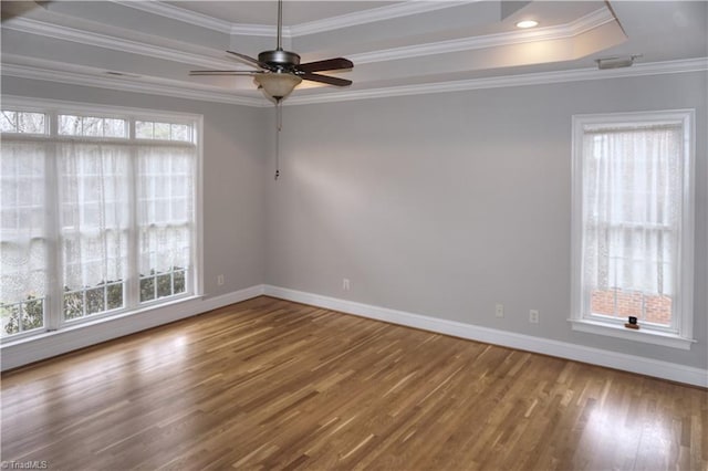 unfurnished room featuring a raised ceiling, wood finished floors, baseboards, and a wealth of natural light