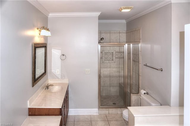 bathroom featuring tile patterned flooring, a shower stall, toilet, ornamental molding, and vanity