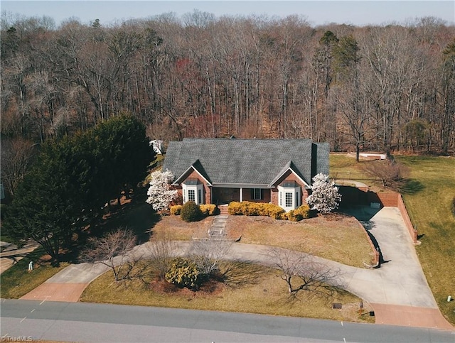 view of front of house featuring a view of trees and driveway