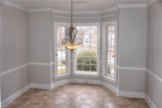 unfurnished dining area with light tile patterned floors, visible vents, baseboards, and ornamental molding