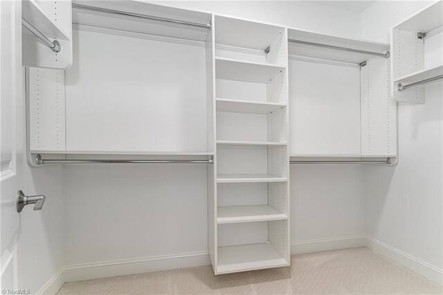 walk in closet featuring light colored carpet