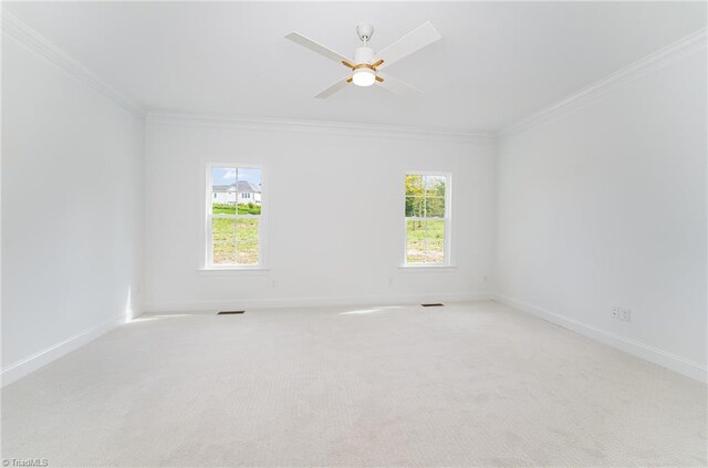 spare room featuring ceiling fan, carpet, crown molding, and a healthy amount of sunlight