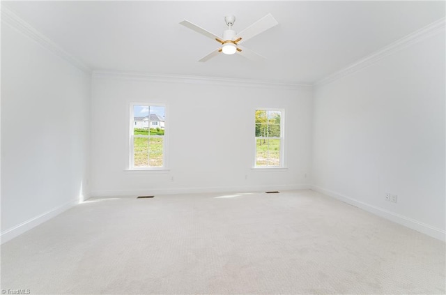 carpeted spare room with visible vents, plenty of natural light, and ornamental molding
