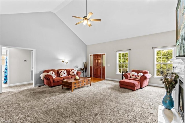 159 Forest Abbey Ln, China Grove, NC 28023 - living area featuring high vaulted ceiling, a ceiling fan, carpet flooring, and a fireplace