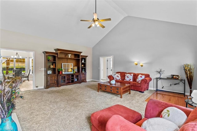 159 Forest Abbey Ln, China Grove, NC 28023 - carpeted living room with a chandelier, a ceiling fan, and high vaulted ceiling