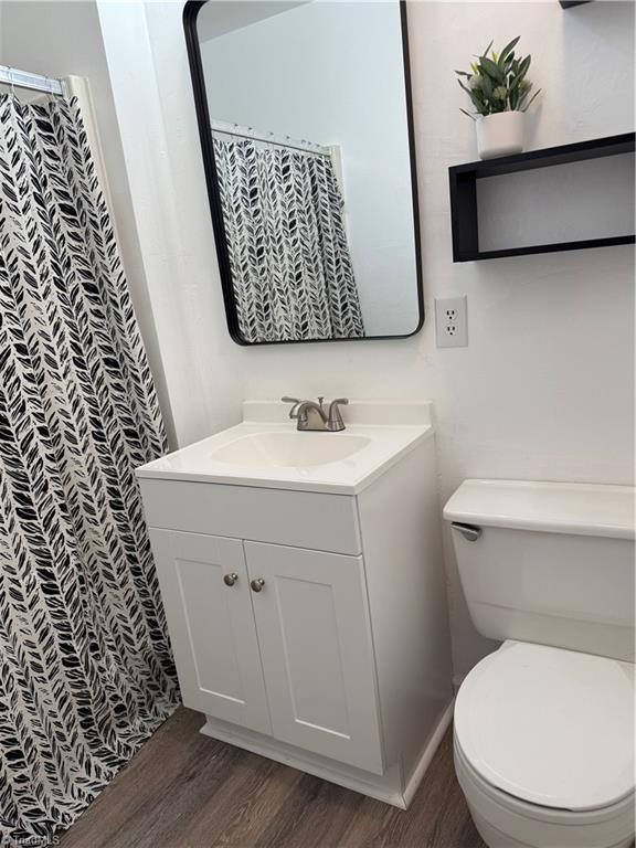 1427 Westwood Ln, Wilkesboro, NC 28697 - full bathroom featuring wood finished floors, vanity, toilet, and a shower with shower curtain