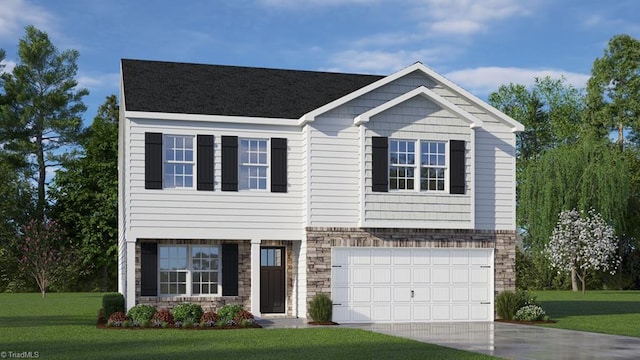 view of front of house with a garage and a front lawn