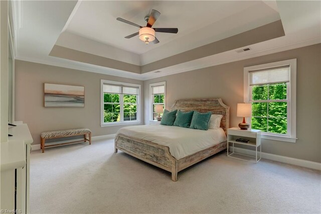 bedroom featuring a tray ceiling, carpet, baseboards, and multiple windows