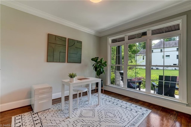 office area featuring crown molding, baseboards, and wood finished floors