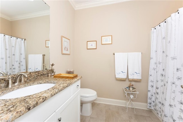 bathroom featuring ornamental molding, tile patterned flooring, vanity, and toilet