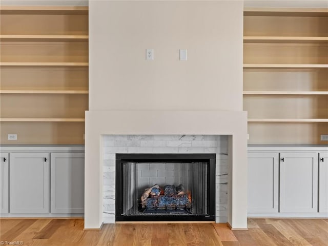 room details with a fireplace and wood finished floors