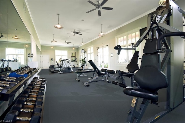 workout area with ornamental molding, a wealth of natural light, visible vents, and a ceiling fan