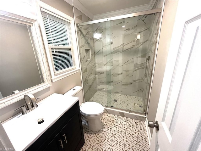 100 Petree Rd, Winston-Salem, NC 27106 - full bathroom featuring vanity, a marble finish shower, crown molding, and tile patterned flooring