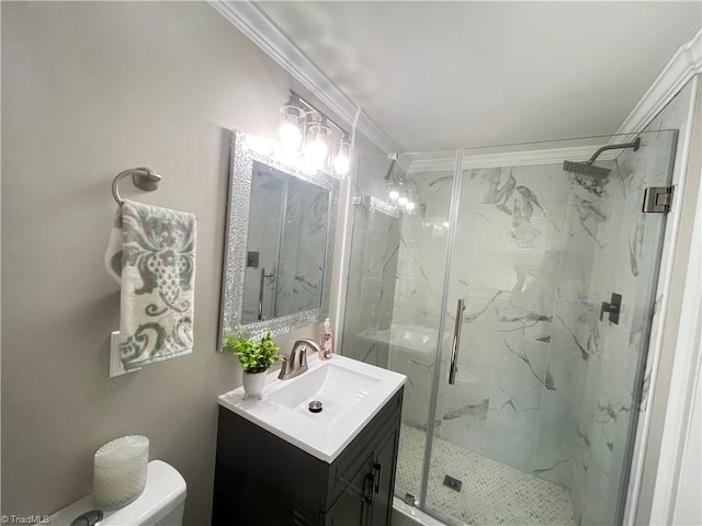 100 Petree Rd, Winston-Salem, NC 27106 - full bath featuring a marble finish shower, vanity, and crown molding