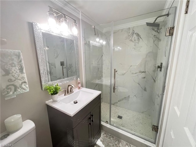 100 Petree Rd, Winston-Salem, NC 27106 - bathroom featuring a marble finish shower, vanity, and crown molding
