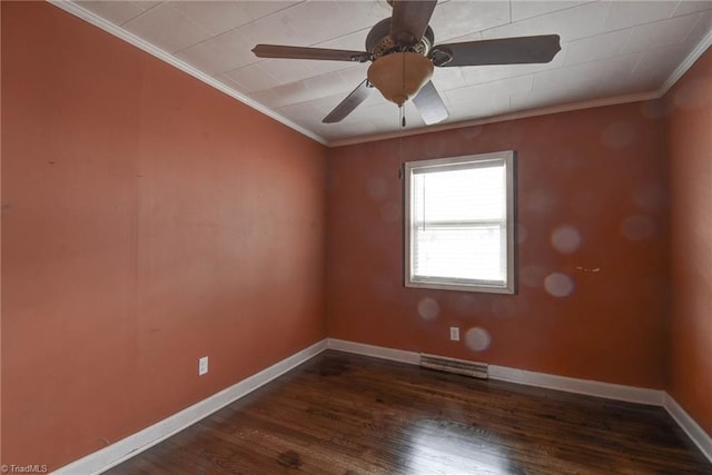 unfurnished room featuring ornamental molding, dark hardwood / wood-style floors, and ceiling fan