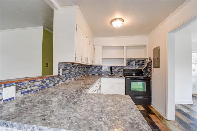 kitchen featuring sink, white cabinetry, crown molding, electric panel, and black range with electric stovetop