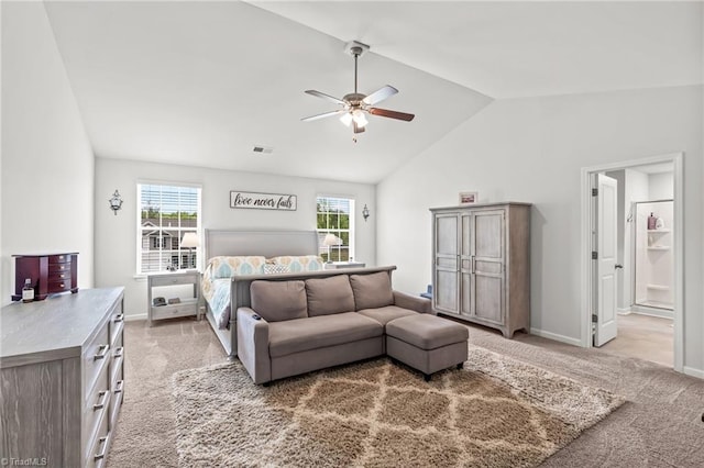 371 Royce Dr, Winston-Salem, NC 27107 - bedroom featuring visible vents, baseboards, lofted ceiling, and light colored carpet