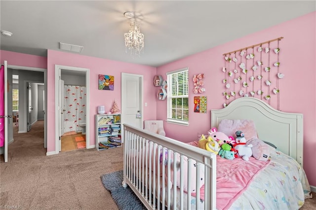 371 Royce Dr, Winston-Salem, NC 27107 - carpeted bedroom with an inviting chandelier, baseboards, and visible vents