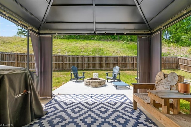 371 Royce Dr, Winston-Salem, NC 27107 - view of patio / terrace with a fenced backyard, a gazebo, and an outdoor fire pit