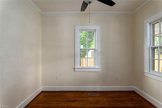 spare room featuring a healthy amount of sunlight, crown molding, and ceiling fan