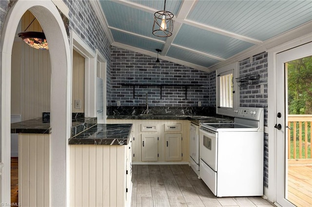 kitchen featuring wood ceiling, light wood-type flooring, pendant lighting, white appliances, and brick wall