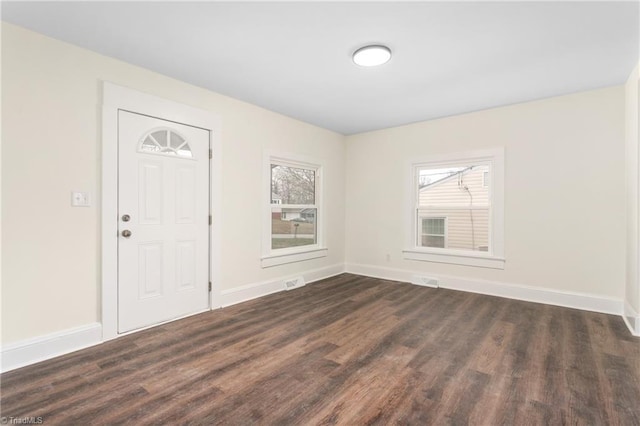 entryway featuring dark wood finished floors, plenty of natural light, and baseboards