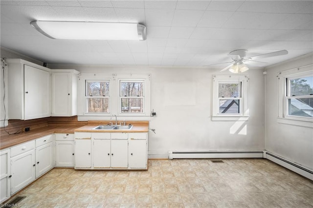 kitchen featuring ceiling fan, wood counters, sink, and white cabinets