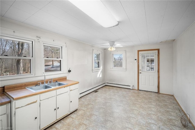 kitchen with ceiling fan, a baseboard radiator, sink, and white cabinets