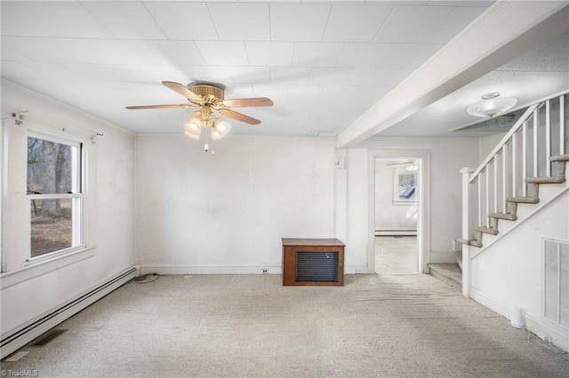 unfurnished living room with ceiling fan, a baseboard radiator, and light colored carpet