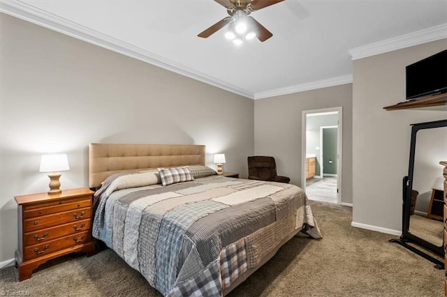 bedroom with carpet floors, a ceiling fan, baseboards, and ornamental molding