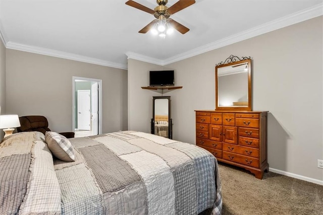 bedroom featuring crown molding, baseboards, ceiling fan, and light carpet