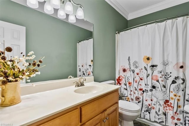 bathroom featuring toilet, a shower with curtain, ornamental molding, and vanity