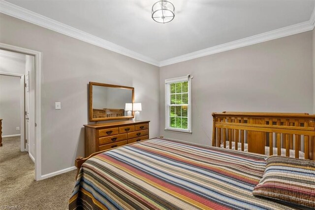 carpeted bedroom featuring crown molding and baseboards