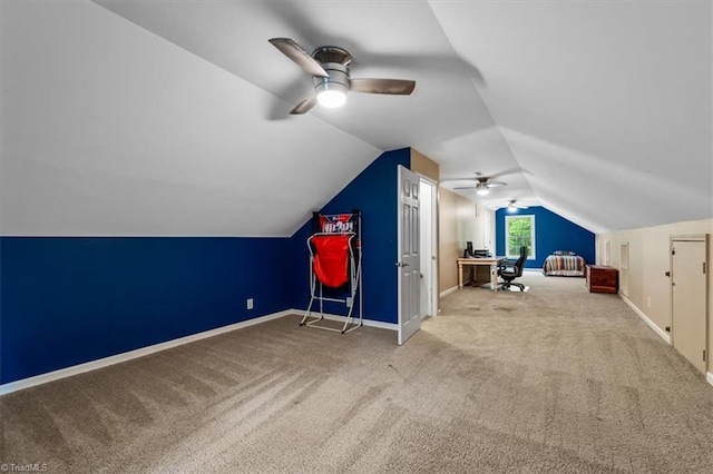 bonus room with carpet flooring, ceiling fan, baseboards, and lofted ceiling